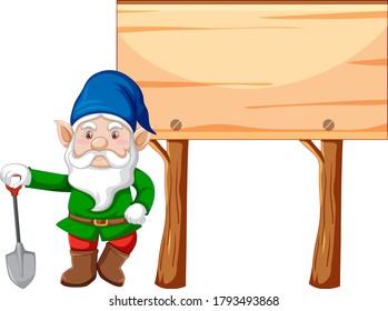 Gnome holding shovel with blank banner cartoon style on white background illustration