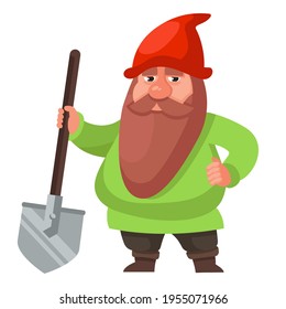 Gnome holding shovel. Fairy tale character in cartoon style.