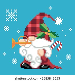 A gnome is holding a trumpet and is surrounded by snow. The gnome is wearing a red plaid hat and scarf