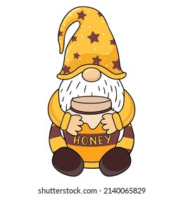 Gnome holds a barrel of honey in his hands. Spring and summer bee gnome in stripes. Vector illustration.