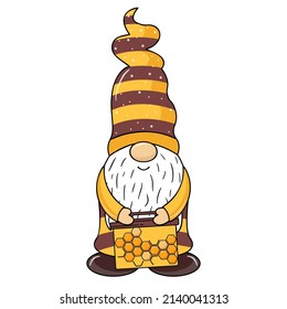 Gnome with honeycombs in his hands. Draw vector illustration bumble bee gnomes for spring and summer. Cartoon style.