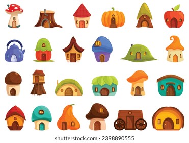 Gnome house icons set cartoon vector. Forest fairytale. Cottage dwelling tree