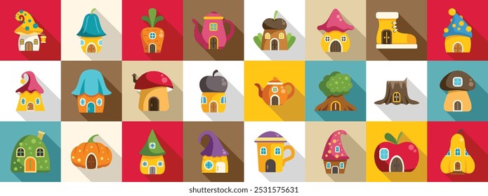 Conjunto de iconos de casa Gnome. Colección caprichosa de coloridas casitas de cuento de hadas con Formas únicas, que incluyen setas, botas y frutas, ideales para proyectos relacionados con la fantasía, la imaginación