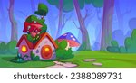 Gnome house in summer forest. Vector cartoon illustration of fairytale woodland with small dwarf hut, mushrooms and moss on roof, neon light glowing in round wooden window and door, stone footpath