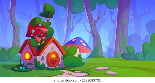 Gnome house in summer forest. Vector cartoon illustration of fairytale woodland with small dwarf hut, mushrooms and moss on roof, neon light glowing in round wooden window and door, stone footpath