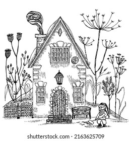 The gnome house. Vector hand drawn illustration. Design for postcards, coloring pages or printing