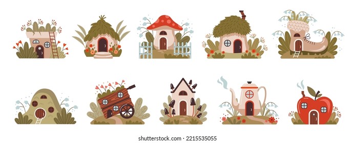 Gnome houses icons, cartoon fantasy building made of plants, vegetables and trees with green leaves. Fairy, gnome or elf cute homes in mushroom, bot and pot isolated. Vector illustration