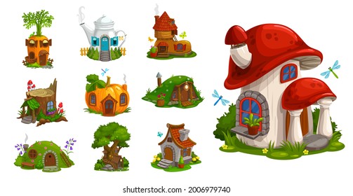 Gnome houses vector icons, cartoon fantasy building made of plants, vegetables and trees with green leaves. Fairy, gnome or elf cute homes in pumpkin, mushroom, carrot, stump and pot isolated set