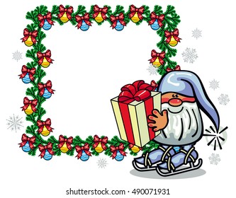 Gnome ice skating with a gift box in hands. Vector frame in shape of Christmas garland for New Year decorations, greetings cards and other design artworks.