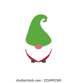 Gnome icon in pixel art style. Christmas gnome isolated on white background. 8 bit Santa's helper. Retro template for banner, poster, greeting card, party invitation. Vector illustration