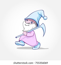 Gnome Illustration running with pickaxe. Vector cartoon character.