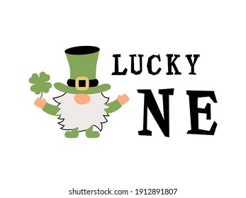 Gnome with irish hat and clover. St Patrick's day concept. Great for first birthday, t-shirt design, invitation. Vector illustration.