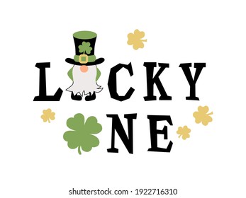 Gnome with irish hat and clover. St Patrick's day concept. Great for first birthday, t-shirt design, invitation. Vector illustration.