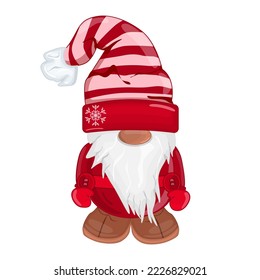 Gnome einzeln auf weißem Hintergrund. Weihnachtself mit roter Jacke und gestreifter Verschlusskappe. Gnome mit Bart, Tracht und Hut. Xmas Design für Feiertage Dekoration oder Grußkarten. Stock-Vektorgrafik