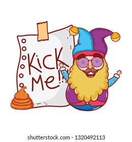 gnome with joker hat and kick me label fools day character