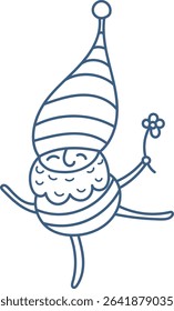 A gnome joyfully dances with a small flower in hand, depicted in a playful doodle style. The cheerful character twirls energetically, holding a delicate blossom. Cartoon vector illustration.