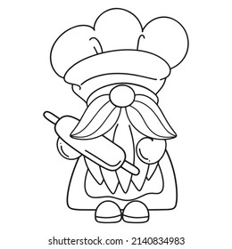 Gnome in the kitchen doodle, Gnome chef holding a rolling pin, hand-drawn, Bakery Gnome Coloring Page.