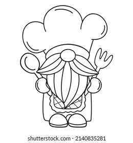 Gnome in the kitchen doodle, Gnome chef holding fork and spoon, hand-drawn, Kitchen gnome coloring page.