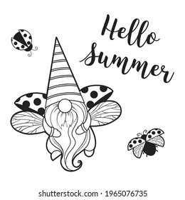 gnome ladybug, gnomes love, quote hello summer Flying ladybug, black polka dots Gnome summer cartoon characters dwarves vector linear art for printing greeting cards and coloring books