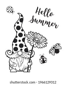 gnome ladybug, gnomes love, quote hello summer Flying ladybug, black polka dots Gnome summer cartoon characters dwarves vector linear art for printing greeting cards and coloring books