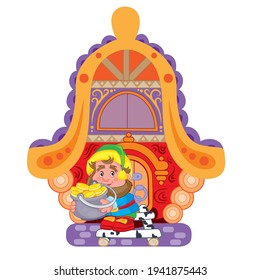 gnome con una gran olla llena de monedas de oro está situado en la puerta de una casa, ilustración de dibujos animados, objeto aislado sobre un fondo blanco, ilustración vectorial, eps