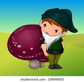 Gnome, Leaning on a Mushroom, vector illustration