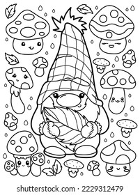 Gnome and leaves   mushrooms  Coloring book for children  Gnome coloring book  Black   white vector illustration 