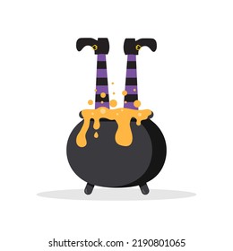 Gnome legs in magic cauldron with orange bubbling potion. Halloween festive background for spooky night. Vector illustration in flat cartoon style.