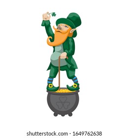 Gnome leprechaun. Fairy-tale character for Saint Patricks Day. Rich dwarf man with pot of gold coins. Shamrock symbol success and luck. Vector illustration. Isolated white background