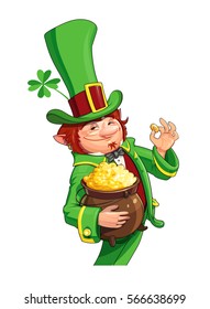 Gnome leprechaun. Personaje de cuento de hadas para el Día de los Simpatizantes. Hombre rico enano con una olla de monedas de oro. El símbolo de Shamrock éxito y suerte. Ilustración vectorial. Fondo blanco aislado