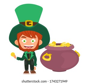 gnome leprechaun in a hat with gold in a tub. multicolored flat style