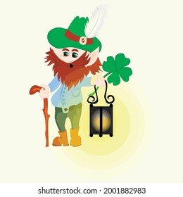 gnome o leprechaun con una mágica hoja de cuatro hojas y con una linterna - gráficos. Día de San Valentín, regalo, felicitaciones, amor