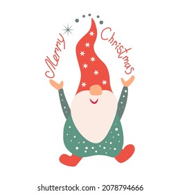 Gnome with lettering Merry Christmas.Colored flat vector illustration of fairytale character isolated on white background.Seasonal greetings design template,for Merry Christmas and Happy New Year card