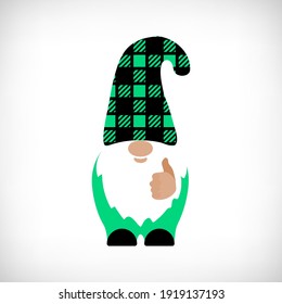 Gnome with like sign hand. Buffalo Plaid Gnome. Scandinavian Nordic Gnome with buffalo plaid hat. Cute gnomes in checkered texture costume. Funny vector dwarf for greeting card, t shirt print.