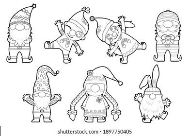 Gnome line art black and white cute cartoon character design. 