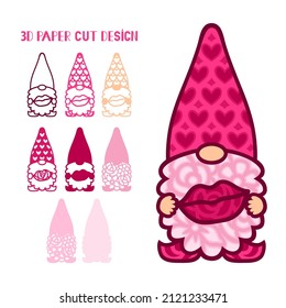 Gnome with lips. 3D layered character. Valentines Day. Love symbols. Paper,laser cut template. For postcard, window, gift, wall decorations, sublimation. Vector illustration isolated on white.