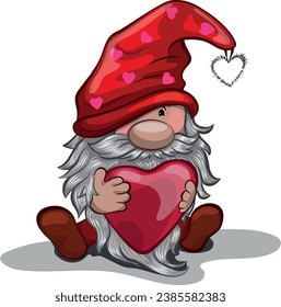 A gnome in love sits with his heart in his hands