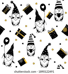 Gnome lovers pattern with gifts and hearts, color vector illustration on white background, color black, yellow, design, decoration, gift wrapping, greeting cards