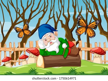 Gnome lying down on timber on garden background illustration