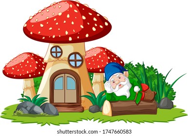 Gnome lying on stump beside mushroom house on white background illustration