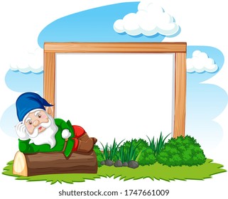 Gnome lying on stump infront of blank banner cartoon style on white background illustration