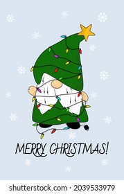 Gnome for Merry Christmas concept. Decoration Gnome is christmas tree which Wires with  colorful bulbs on snowflake background. Banner design funny gnome Doodle cartoon style. Flat style vector.