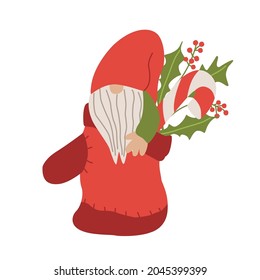 Gnome in a mitten decorated with holly and candy cane. Vector illustration isolated on white. Red and green colors.  Great for Christmas cards.