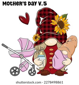 Gnome Mother's Day and Baby  , Gnome Mom holding a child , Mother's Day V.5 , Cute Gnome Mother's day disign for T-Shirt