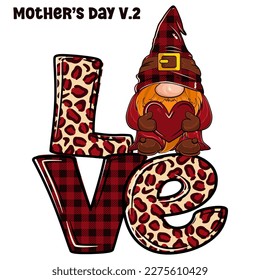 el día de las madres gnome , el gnomo de la caricatura Cute LOVE Plaid Leopard Mom diseño para T-Shirt. Camiseta del Día de la Madre.