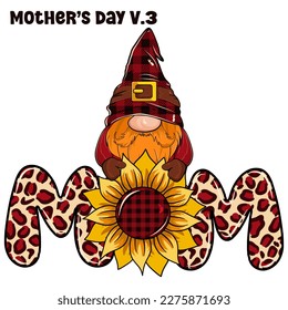 gnome Mütter Tag , Cute Cartoon gnome Mutter Plaid Leopard Mutter Design für T-Shirt. Mama Life Mütter Day T-Shirt. Sonnenblume, Mutter v.3