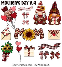 gnome mothers day Elements , Cute cartoon gnome Mom Plaid Leopard Mom V.4 design for T-Shirt. Mom Life Mothers Day T-Shirt. 