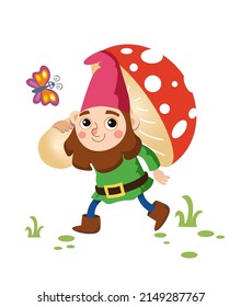 Gnome with mushroom. Cartoon cute character. Vector color illustration. Fairytale man for design of books, posters, postcards.