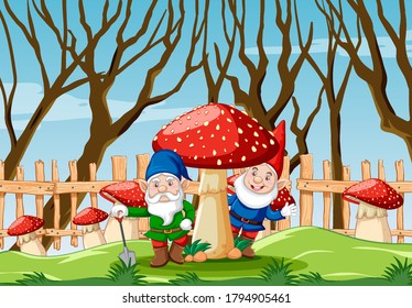 Gnome with mushroom in the garden cartoon style garden scene illustration