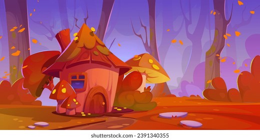 Gnome mushroom house in autumn forest. Vector cartoon illustration of fairytale woodland with small dwarf hut, round wooden window and door, stone footpath, yellow leaves flying in wind, fall season